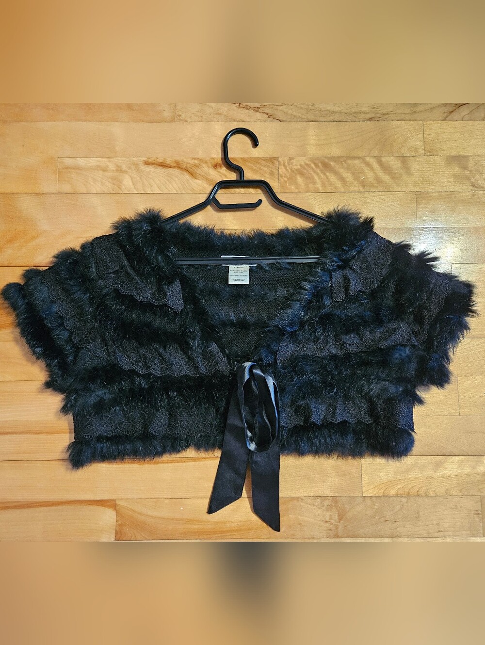 Black Faux-Fur Bolero Shrug with Ribbon Tie